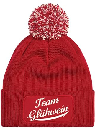 NIMAMA Mütze Beanie Team Glühwein Strick Bommel Wintermütze Statement Lustiger Spruch Unisex Strickmütze für Herren & Damen