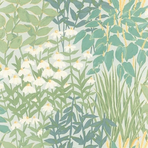 Rasch Selbstklebende Tapete Blumen & Blüten in Grün Gelb Weiß 6,00 x 0,53 m | Ohne Kleister mit tesa-Klebetechnologie - Strukturierte Vliestapete Floral 'Wildscape' für Wohnzimmer und Schlafzimmer