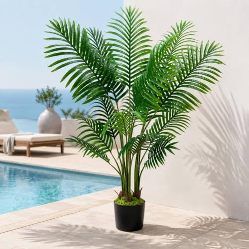 4FT Large Artificial Plants Outdoor Artificial Palm Tree with 15 Trunks | Fake Palm Plants Tall Faux Plants for Indoors Faux Tropical Areca Palm Tree in Pot for Garden Living Room Office Home Decor