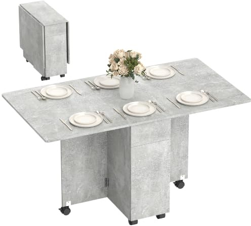 HOMCOM Klappbarer Esstisch für 6 Personen, Zementgrau | Klapptisch mit feststellbaren Rollen, 2 Schubladen, 2 Türen & Schrank, für Wohnzimmer, 140x76x74 cm
