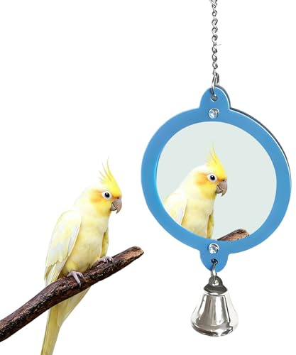 Tarqite Vogelspiegel mit Glocke, Vogelspielzeug Hängend, Runde Acryl Spiegel für Vogel, 360°Drehbares Interaktives Spielzeug für Papageien, Wellensittich, Kanarienvögel, Vögel (Blau)