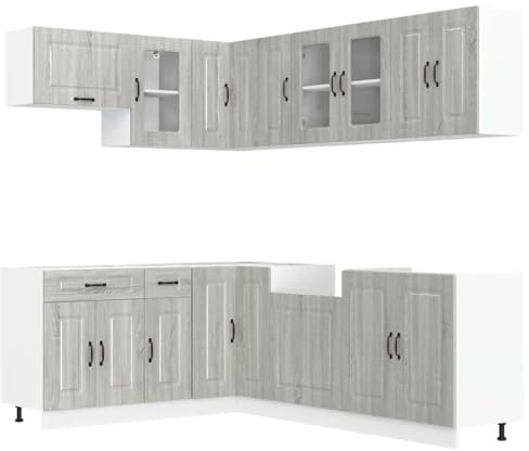 11-teiliges Küchenschrank-Set Kalmar in Grau Sonoma aus Holzwerkstoff mit verstellbaren Füßen, Pflegeleichte Küchenzeile mit elegantem Design und viel Stauraum zur Wandhalterung