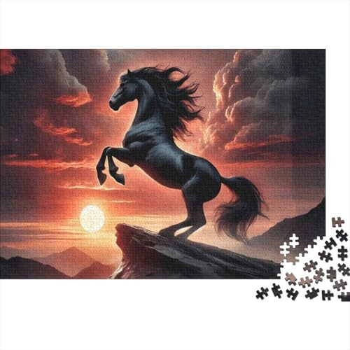 1000 Teile Puzzle Schwarzes Pferd Zügelung, Bunte Sonnenuntergang Schwarzes Pferd Wanddekoration, Entspannung Puzzle für Männer & Frauen, Herausforderndes Puzzle, 70x50cm/1000pcs