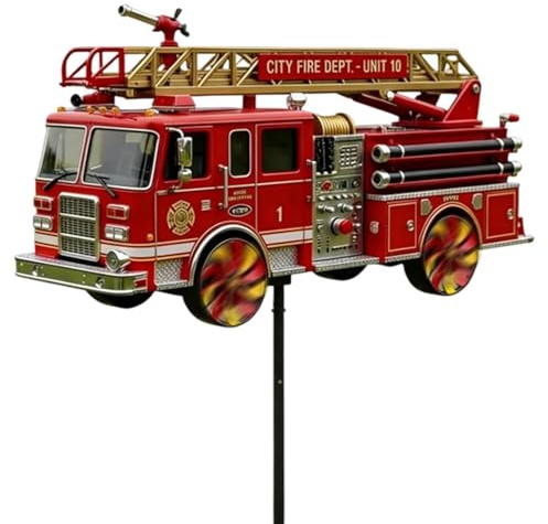 Feuerwehr Windspiel Für Den Garten - 3D Feuerwehrauto Gartenstecker Windmühle - Wetterfest & UV-beständig - Outdoor Gartendeko Feuerwehr Fans
