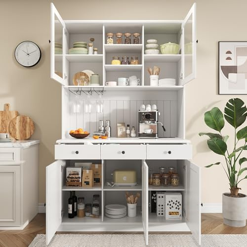 Ktipm Alacena Cocina para Comedor y Salón con Enchufe y Portavasos, Aparador Cocina con 5 Puertas y 3 Cajones, Armario Alto con Estante Ajustable, 120x40x191 cm, Blanco