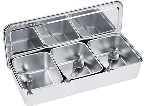 Ensemble de Pots D'assaisonnement en Acier Inoxydable à 3 Grilles pour la Cuisine et le Restaurant Récipient à épices Durable Résistant aux Acides avec Cuillères et Couvercle Argenté