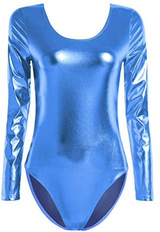 TiaoBug Damen Glänzend Ballettanzug Langarm Ballett Trikot Tanz Body Metallic Turnanzug Gymnastikanzug Dancewear Hellblau S