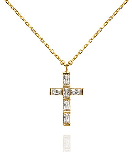 NAMANA Kreuz Halskette mit Baguette-Zirkonia, Kreuz-Anhänger mit Halskette in Silber oder Gold, mit Steinen überzogen, Kreuzkette mit Geschenkbox (Gold, Vergoldet)
