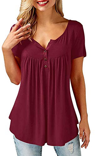 Beluring Ladies V Neck Short Sleeve Summer Tops Swing Tunic Shirts, A - Short Sleeve - Burgundy, XL UK 18-20