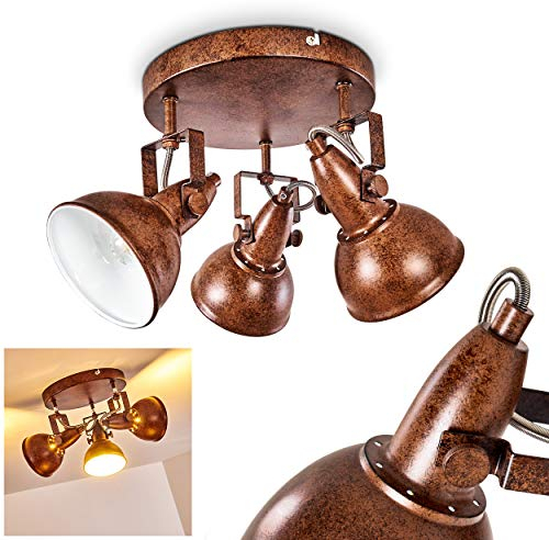 Deckenleuchte Tina, runde Deckenlampe aus Metall in Rostbraun/Weiß, 3-flammig, mit verstellbaren Strahlern, 3 x E14-Fassung, Spot im Retro/Vintage Design, ohne Leuchtmittel