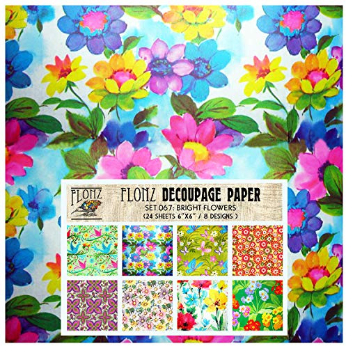 Decoupage Paper Pack (24 Sheets 6x6) Bright Flowers FLONZ Vintage Styled Paper for Decoupage, Craft and Scrapbooking
