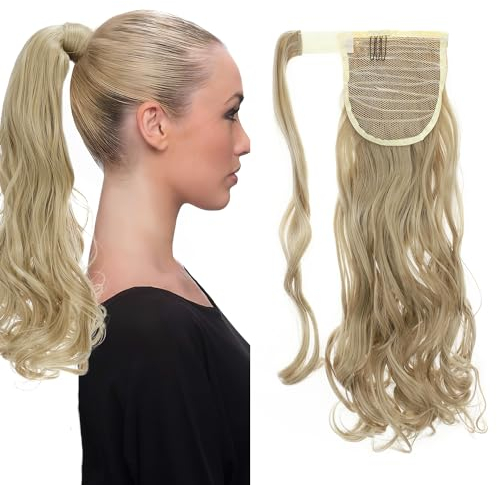 S-noilite Clip in Extensions Haarteil Zopf Pferdeschwanz Gewellt Haarverlängerung Real Natürlich Kunsthaare Wie Echthaar Wrap on Ponytail div. Farben 43cm - Aschblond