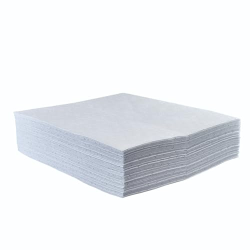 Oil Absorbent Pads - Absorb Oil, Fuel, Petrol, HVO, Hydraulic Oil - Spill Control Sheets - 50cm x 40cm, 50 Sheets, Sonic Bonded Core with Spun Bound Top Layer, White - Indoor/Outdoor Use