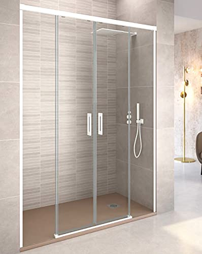 Mampara de Ducha Frontal Corredera | 2 Fijos + 2 puertas Corredera Apertura Central TRANSPARENTE | Cristal Templado 6mm Antical y 195cm de Altura | Perfilería Blanco Mate 165cm (Adaptable 162-167cm)