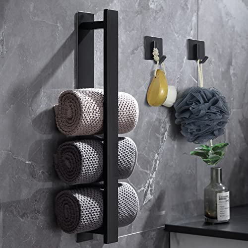 Self Adhesive Towel Rail Holder Wall Mounted with 2 Hooks No Drilling, 40cm Stainless Steel Matt Black Stick on Bathrooms/Kitchen Accessories