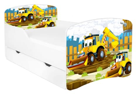 AS-TOR Kinderbett Jugendbett Dora 70x140 mit Matratze und Schublade - Bett Schlafzimmer Kindermöbel Kinderbetten für Jungen, Hochwertige Möbelplatte, Solide und Sicher, Bagger
