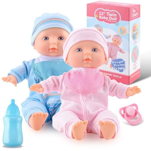 Toy Choi's Twin Puppe Set - 32cm Baby Puppen Für Kleinkinder ab 1 Jahr, mit Strampler und Hut, Schnuller und Puppenlätzchen, weiches Babypuppen Spielzeug Vorschulgeschenk