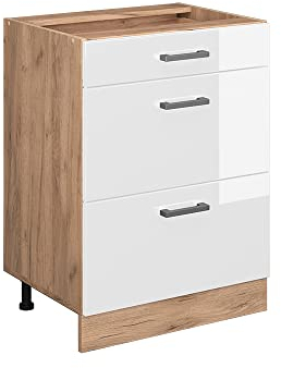 Vicco Küchenunterschrank R-Line, Weiß Hochglanz/Goldkraft Eiche, 60 cm mit Schubladen, ohne Arbeitsplatte