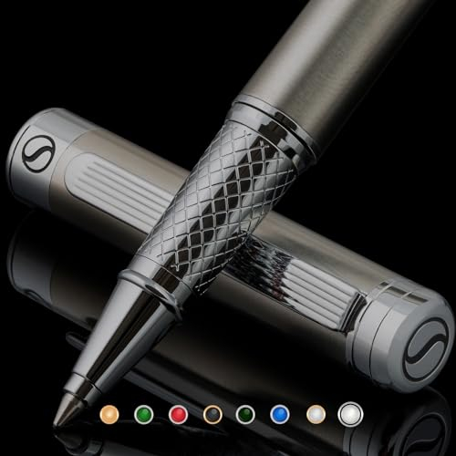 Scriveiner Bolígrafo Rollerball de Acero Inoxidable - Impresionante Boli Metálico con Acabado Cromado Plateado, Recarga de Tinta Schmidt, Lujoso Set de Regalo de Bolígrafo Roller para Hombre y Mujer