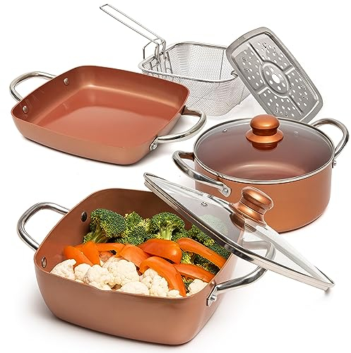Moss & Stone 7 Pcs Copper Pots And Pans Set, Copper Chef Cookware Non Stick, Square Copper Pans for Cooking, Round Copper Pot & Fry Basket, Oven Safe 5 Quart Deep Frying Pan, Induction Cookware Set