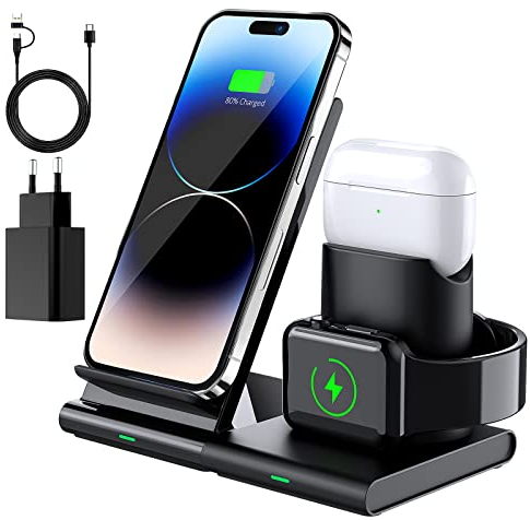 HOIDOKLY Chargeur Induction 3 en1 Chargeur sans Fil Rapide Station de Charge pour iPhone 14/14 Pro/13/12/11 Pro Max/XS/XR/X/8 Plus, iWatch 8/7/6/5/4/3/2/SE, AirPods Pro/3/2/1(18W Adaptateur Inclus)