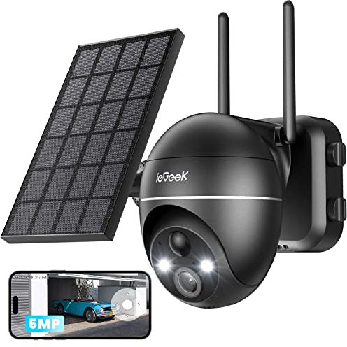 ieGeek 5MP Überwachungskamera Aussen Akku, PTZ Überwachungskamera Aussen WLAN mit Solarpanel,PIR-Bewegungsmelder, 30M Farbige Nachtsicht, Zwei-Wege-Audio, 2.4GHZ WiFi, 4DBi WLAN-Antenne,Alexa Kamera