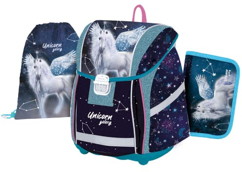 OXY BAG Schulranzen PREMIUM LIGHT 3er-Set, Blau | Ultraleichter Tagesrucksack mit Pegasus-Motiv | Federtasche & Hausschuhsack, 27L | Reflektierende Elemente, Atmungsaktiv, für Schulkinder