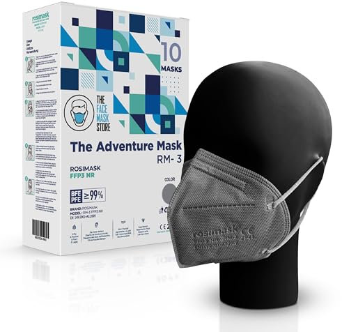 The Adventure Mask FFP3-Maske mit Ohrschlaufen, 5-Lagen-Atemschutzmaske, Sichere Staubmaske mit Filter, CE-zertifizierte Schutzmaske, Schachtel mit 10 Masken, Grau
