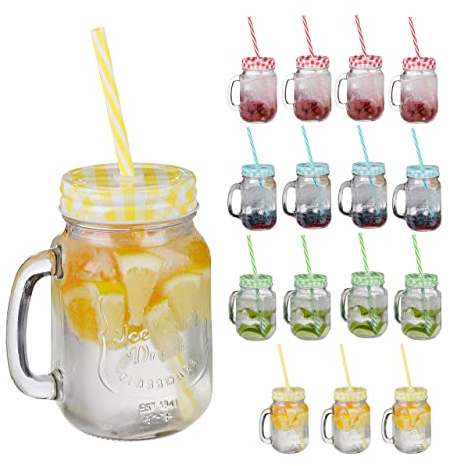Relaxdays Jarres avec Paille et Couvercle, en Lot de 16, Volume : 500 ML, Design rétro, Verre avec Anse, Multicolore