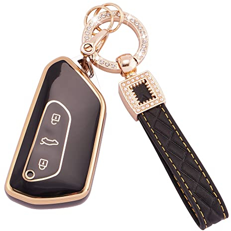 Koaudb Coque porte-clés pour VW Volkswagen Golf 8 ID.3 ID.4 Seat Leon Tarraco Ateca Cupra Formentor Leon 3 boutons Coque en TPU souple avec lanière porte-clés en cuir Noir Or (BP-Vlw-3D)