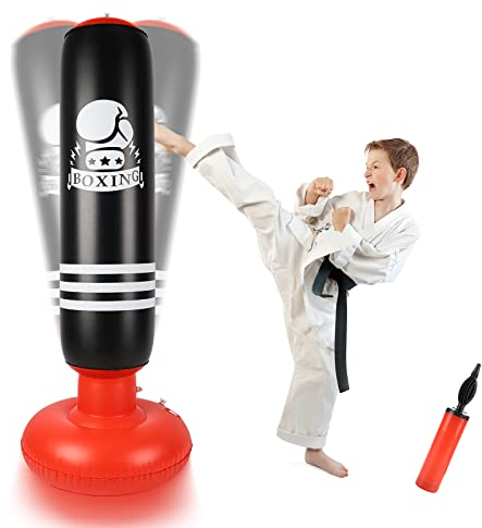 Dripex Boxsack Kinder, 160cm aufblasbare Punchingball freistehender Boxsack für Kickboxen, Karate, MMA, Boxen und Stressabbau (Schwarzrot-Boxing)
