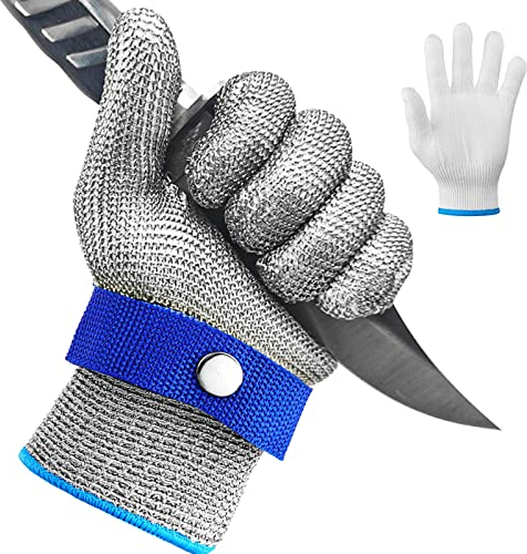 Waflyer Guanti Anti-Taglio, Guanti da Lavoro in Rete Metallica di Protezione di Livello 5 in Acciaio Inossidabile, con Guanti Interni, per Taglio di Carne, Ostriche, Mandolino, Taglio del Legno, M