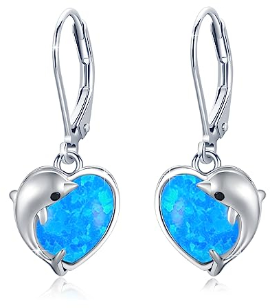 Delfin Ohrringe 925 Sterling Silber Delfin Opal Ohrringe Herz Blaue Ohrringe Hängend Damen Delfin Schmuck Geschenk für Mädchen Mama Tochter Ehefrau Geschenk
