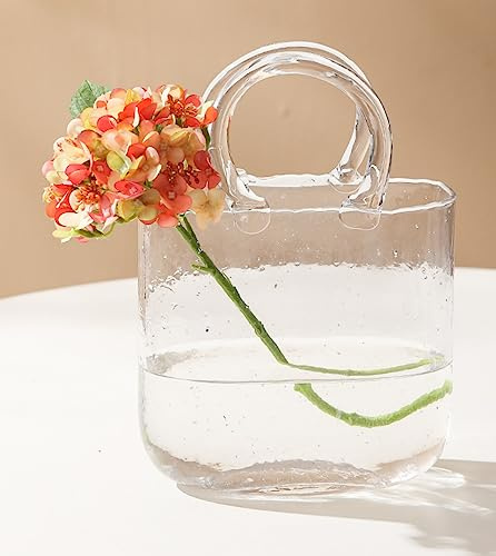 Jarrón de cristal para bolso, bonito jarrón de vidrio soplado a mano para centros de mesa, dormitorio, decoración de mesa de oficina, eventos de boda, regalo y pecera pequeña (transparente)