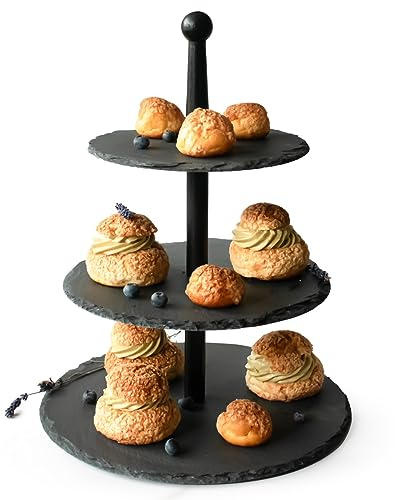 Sendez Etagere 3 Stöckig aus Schiefer mit Holzstamm Kuchenplatte Kuchenständer Servierständer