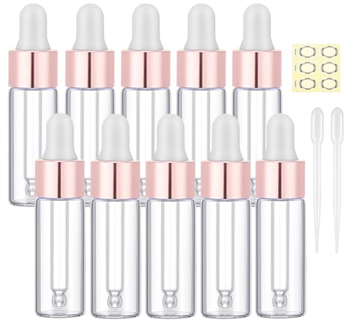 Apstaqeoo 10Pcs, 5Ml Clear Glass Sample Dropper Bottles, Empty Mini Bottles with Dropper Pipettes Rose Gold Aluminum Alloy Cap Refillable Sample Container for Essential Oils Perfume Cosmetic Liquid