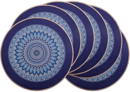 PIGCHCY Runde Boho-Tischsets, 6er-Set, Gummi, hitzebeständig, wasserdicht, waschbar, Tischset für Esstischdekoration (Dunkelblau)