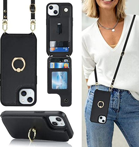 CAVOR HandyHülle kompatibel mit iPhone 14/13 Hülle Mit Band,Flip Leder Geldbörse Karten Hülle,[4 Kartenfach][Mit Ring Ständer],Klapphülle Handytasche - Schwarz