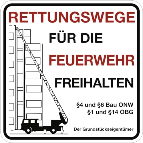 Dreifke® Schild Rettungswege für die Feuerwehr freihalten mit Bauordnung ..., Alu, 500x500 mm