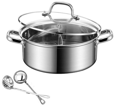 AIZYR Hot Pot with Divider Stainless Steel Dual Sided Hot Pot, Chinese Hot Pot with Lid for Restaurant Camping Household,28cm