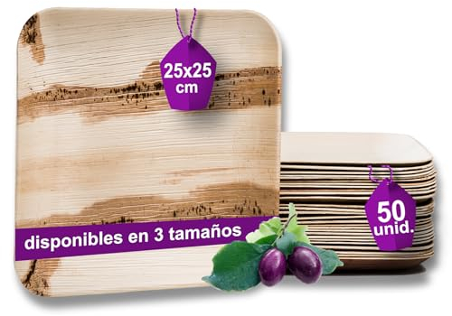 Waipur Bio Palmblatt Teller - 50 Stück groß eckig 25x25 cm - Premium Einweggeschirr kompostierbar - Umweltfreundliches Palmblatt-Geschirr - ähnl. Bambusteller Einweg