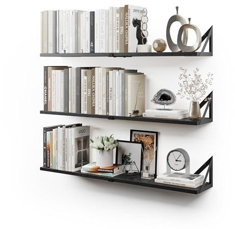 CASSA Wall Mounted Floating Book Shelves for Wall Set of 3, Shelf Bookshelf for Bedroom Living Room Office Bathroom Kitchen Rustic Wood with Metal Bracket (Large Black)