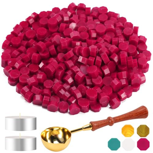 Foonii 300 Stück Siegelwachs Perlen Set mit 1 Schmelzlöffel, 2 Teelichte | Siegellack Perlen Set für Umschlag/Einladungen/Karten/Geschenk (Rot)