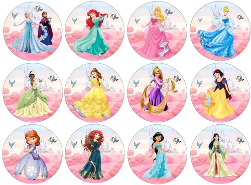 24 x Princess Discs Various 4.4cm Edible Wafer Card Disc Cupcake Toppers (NOT PRE Cut) Multicoloured