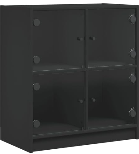 vidaXL Black Side Cabinet with Glass Doors – Engineered Wood Storage Cupboard for Living Room/Bedroom, 68x37x75.5 cm