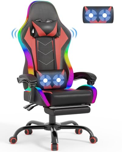 Devoko LED Gaming Chair with Footrest – Ergonomic Reclining Game Chair for Adults with Massage Lumbar Cushion, RGB Lights, High Back, Adjustable PC Gamer Chair, Red