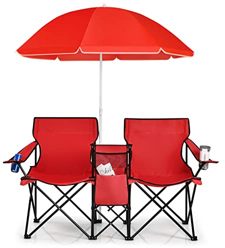 COSTWAY 2-Sitzer Campingstuhl mit Sonnenschirm, Kühltasche, Getränkehalter & Seitentasche, klappbarer Angelstuhl mit Tragetasche, Faltstuhl, Klappstuhl für Camping, Angeln, Picknick (Rot)