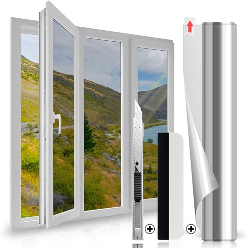 Film Miroir pour Fenetre, Film Fenetre Anti Regard Miroir Anti UV avec Raclette, 105x200 cm Film Anti UV Fenetre sans Colle, Film Miroir sans Tain pour Vitrage et Fenetre, Film sans Tain pour Fenetre