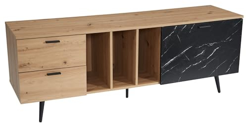 Wohnling Lowboard Eiche-Dekor mit Marmor-Look in Schwarz 150x55x40 cm TV-Kommode, Design TV-Schrank Hoch Modern, Fernsehtisch Fernsehschrank mit Tür & Schubladen, Fernsehkommode Wohnzimmer Modern