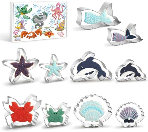 Juego de 15 cortadores de galletas Under The Sea, cola de sirena, estrella de mar, conchas marinas, delfín, cangrejo y más, cortadores de fondant de galletas con formas grandes y divertidas, molde de